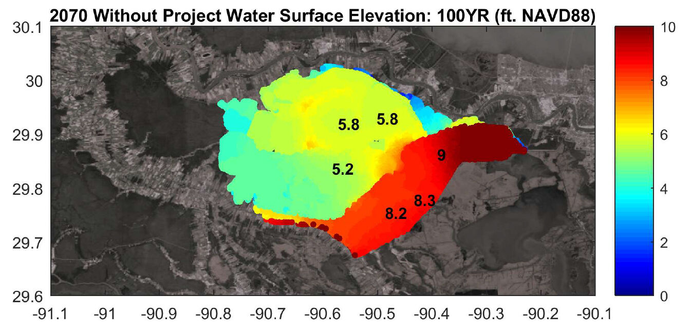 100-year surge in 2070 without Upper Barataria levee
